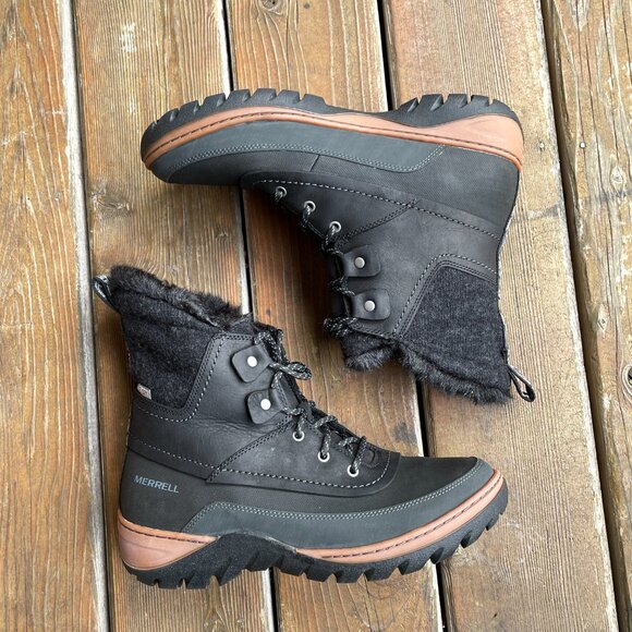 NIB Merrell Slyva Mid Lace Waterproof Black Leather Boots - Women's 11 - Picture 3 of 12